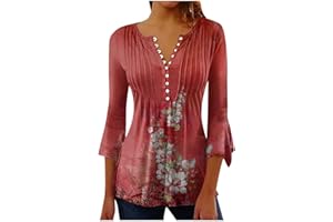 NUSGEAR Camiseta Manga Corta Mujer Verano 2023 Moda Impresión Camisa 3/4 Manga Blusa Cuello en V Botones Plisada Camiseta Elegant Suelto Tops Casual Fiesta Cómodo T-Shirt Original tee Playa