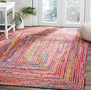 Housine Handmade Natural Jute Cotton Natural Fibers Floor/Door Mat Rug Furnish D cor Striped Rectangular Design Carpet for Bedroom Living Room (P/P, 3 feet x 5 feet - Carpet/Rug)