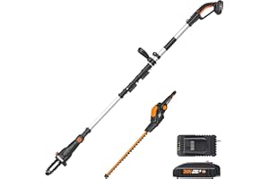 WORX Sierra de cadena inalámbrica de 20 V con accesorio de cortasetos WG908, combo de jardín, 1 batería de 2.0 Ah y cargador incluidos