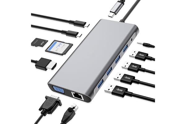 SZPACMATE, Station d'accueil 12 en 1 avec HDMI 4K, VGA, 3*USB 2.0, USB3.0, USB C Data, PD3.0, Port Ethernet RJ45, SD/TF, 3.5mm AUX, Compatible avec MacBook Pro/Air, Plus de Périphériques Type C