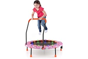 COSTWAY 36 Inch Kids Trampoline, LED Lighting Children Exercise Rebounder with Padded Handrail and Protective Cover, Mini Trampolines for Toddle Boys Girls