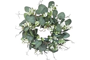 FLAMEER Spring Wreaths, 16" Artificial Door Wreath with Eucalyptus Leaves & Little Flowers for Front Door Farmhouse Wreath Greenery Wall Indoor Outdoor Décor (Eucalyptus)