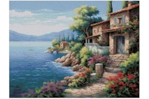 max stitch design Lakeside Cottage - Kit de punto de cruz (14 hilos, 100% algodón, 200 x 150 puntadas, 36 x 27 cm), diseño de paisaje de algodón