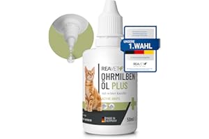 ReaVET Huile d'acariens Plus 50 ML - Remède Efficace immédiat pour Chats - Contre Les acariens à la Camomille pour Chat - Soin Doux pour Les démangeaisons dans l'oreille, Gouttes Auriculaires