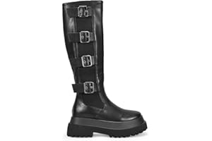BOSANOVA Botas Altas Negras para Mujer con elástico Lateral, Tiras con Hebillas Ajustables y Suela de Plataforma Doble de 6.5 cm. Cierre con Cremallera Interior. Calzado para Mujer