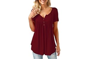 Bequemer Laden Femmes Ete Chic Bouton Tunique Longue Col V Manche Courtes Tee Shirt Ample Chemiser Blouse Top