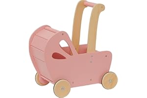 Moover Essential Dolls Pram for Toddlers, Assembly Required, Designed in Denmark from MDF, Push Along Toy, 18 Months +, 44 x 41 x 24 cm, Coral Pink and Natural Wood