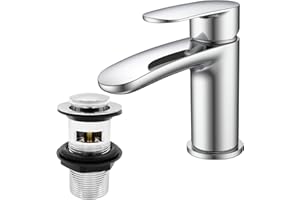 Basin Mixer Tap with Drain, BATHWEST Chromed Brass Bathroom Sink Taps with Waste, Modern Bathroom Taps with Pop Up Waste Large 492CR