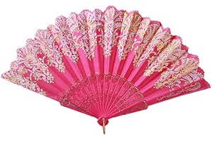DUORIES Abanico de Tela,Abanico Plegable Vintage de Tela China,Compartimentos Plegables para enfriarse en Verano,Boda,Regalo de la Madre,Fiesta,Disfraz de Halloween,Carnaval,Carnaval,Danza,Fans,Rosa