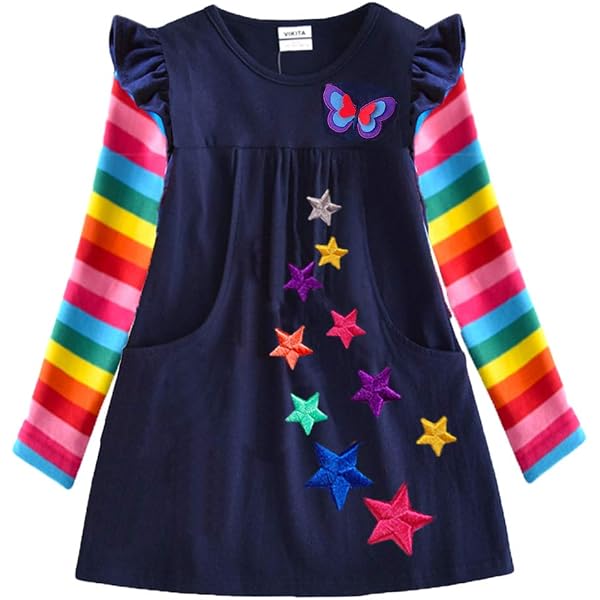 VIKITA Robe Enfant Fille Floral Broderie Coton Princesse 1-8 Ans