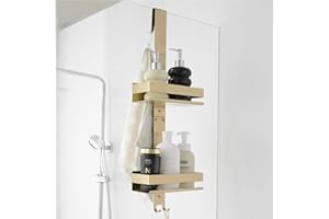NEWRAIN Shower Caddy Hanging, Over Door Stainless Steel Double Layer Shower Shelf, No Drilling Bathroom Storage for Glass Door with Hooks, Gold