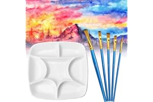 RECHCIGA Paleta Ceramica Acuarela Paleta de Pintura Ceramica Paleta de Porcelana para Acuarela Blanco Bandeja de Paleta de Pintura con 5 Cepillos para óleo Acuarelas Acrílicas, 15 * 15 * 1.5cm