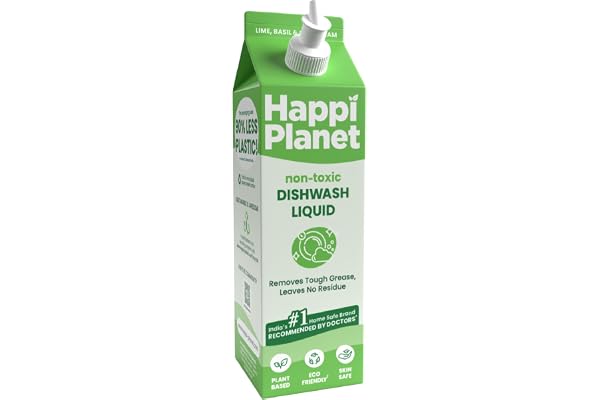 Happi Planet Organic Dishwash Liquid Gel Refill Pack 1L Herbal, Natural, Plant Based, Biodegradable, Non Toxic, Eco-Friendly Removes Tough Grease, Leaves No Residue, Baby & Pet Safe
