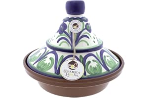 CERÁMICA ESPAÑA | Tajín barro refractario | Tajín marroquí | Tajín cerámica tradicional | Tajín para horno | Tagine | Tajín con tapadera - Modelo M03 | Decoración 100% hecho a mano | 27x27x23 cm