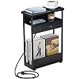 YEAKOO Narrow Side Table with Charging Station, 3-Tier End Table with 2 USB Ports & Power Outlets,Thin Sofa Side Table for Narrow and Small Spaces, Bedside Table Nightstand for Living Room/Black