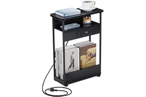 YEAKOO Narrow Side Table With Charging Station, 3 Tier End Table with 2 USB Ports & Power Outlets,Slim Sofa Side Table for Narrow and Small Spaces, Bedside Table Nightstand for Living Room
