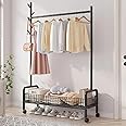 Lukzer Metal Garment Rack with Wheels – Single Rod, Bottom Shelf & Mesh Design for Clothes, Bags & More | Multi-Functional Cloth Stand Organizer (Black, 173x120x35 cm) | MGR-003