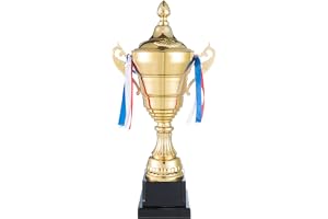 GOODS+GADGETS® Vinnartrofé XXL med lock 36 cm - Guld Pokal | Stor stabil bägare 36 x 17 cm - svart bas, dekorativa handtag, figur på toppen - passar gravyr