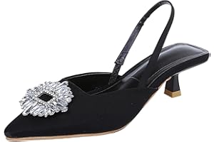 SOOUICKER Ladies Slingback Kitten Heel Court Shoes for Women Mid Heel Diamante Pointed Toe Wedding Prom Dress Sandals