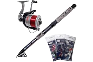 OAKWOOD Telescopic Fishing Rod Beachcaster 12ft + Reel Sea Beach FREE Mackerel Feathers