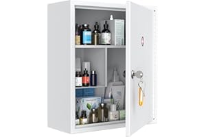 Uniclife Wall Mount Medicine Cabinet with Key Lock Locking First Aid Lockable Medical Safe Storage Box Large Capacity Medicine Organizer Secure Steel Wall Cabinet Metal Storage Box, White