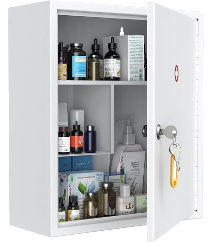 Armoire à Pharmacie Murale En Métal - 3 étagères, Serrure De Sécurité - Dimensions 46x30x14 Cm - Vide, Pour Premiers Secours