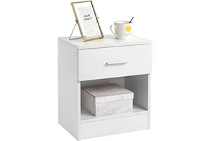 Karl home Bedside Table for Bedroom, Modern White End Table with 1 Drawer & Shelf, Wood Nightstand for Bedroom, End Table for Living Room near Sofa, Side Table, Metal Handle