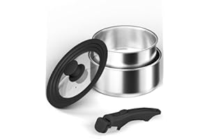 Abijan Set Casserole Inox 18/10, Casserole Tout Feux Poignée amovible, Batterie de Cuisine avec Couvercles, Compatible Tous Feux, Passe au Four et Lave-vaisselle, Design Empilable et Gain de Place