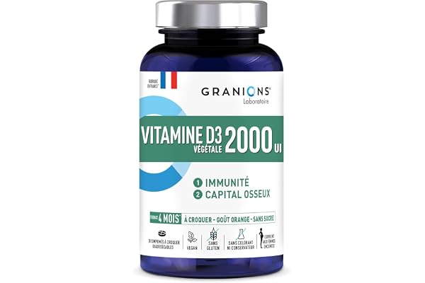 GRANIONS Vitamine D3 2000 Ui – Immunité Et Capital Osseux – Source Végétale Issue Du Lichen – 30 Comp à Croquer -jusqu’à 4 mois d’utilisation– Végétariens et Femmes Enceintes – Made In France
