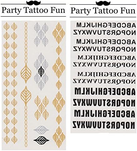 Party Tattoo Fun Temporary Tattoo Fake Tattoo Waterproof Non-toxic Tattoo Stickers Set of 2 Pcs: Metallic Golden and Silver Leaf Shape Chain Design vs Black English Alphabet in 3 Typefaces Design