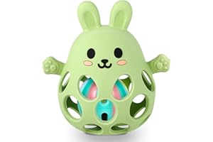 HINGTTRAUM Giocattolo Neonato 0-6 Mesi – Palla Sensoriale Sonaglio Senza BPA Anello Dentizione, Giocattolo Montessori Ispirato per Sviluppo Motorio & Regalo Nascita, Battesimo, Natale (Coniglio, Verde Oliva)
