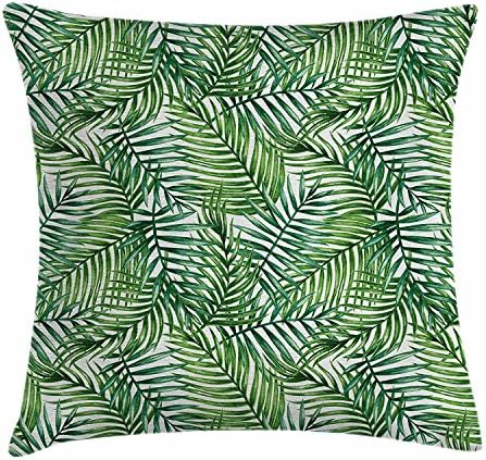 Leaf Throw Pillow Cushion Cover, Watercolor Print Botanical Wild Palm Trees Leaves Ombre Design Image, Decorative Square Accent Pillow Case, 18 X 18 Inches, Dark Green and Forest Green