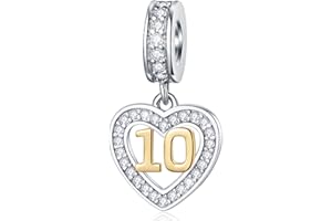 GLOWDAS 10 11 à 21 22 23 24 25 28 30 33 35 40 45 50 55 60 65 70 75 80 charms anniversaire, fit bracelet/collier birthday européen, numéro d'or pendentif coeur en argent sterling 925 avec cz, pour femme/homme