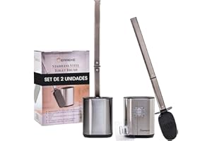 Erreke Set de 2 Escobilla Baño Silicona, Escobilla WC, con Soporte Antihuellas, Fácil Montaje en la Pared, Acero Inoxidable SS410, Higiénica, Flexible y Resistente, Mango Largo (Plateada)