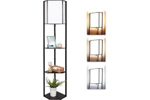 Atlaz Stehlampe Wohnzimmer, Stehlampe mit Regal aus Holz, inkl. E27 Glühbirne, 3 Farbtemperaturen Einstellbaren, Schwarz moderne 3-in-1 Stehleuchte für Wohnzimmer, Schlafzimmer, Schlafzimmer und Büro