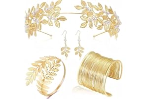 MOXIEWELL 4 Pièces Déesse Grecque Bijoux, Serre Tete Couronne de Laurier Femme Fille Or, Bracelet Bras Manchette Doré Boucles d'Oreilles Déesse Grecque Costume Accessoires Déguisement Bandeau Cheveux Diademe