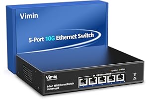 Switch Ethernet no Gestionado de 5 Puertos 10G, Switch de Red VIMIN 10Gbe Que Admite la Negociación Automática de Velocidades 100M/1000M/2,5G/5G/10G, para Red NAS 10G, Plug & Play, Capacidad 100 Gbps