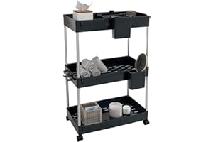 LYNCOHOME Rollwagen Küchenwagen mit 3 Ebenen, Küchenregal Nischenregal auf Rollen, Badregal Aufbewahrungswagen für Küche Badezimmer, mit 4 Haken+2 Behälter+Korbunterteilungen