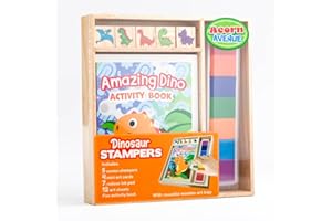 Bookoli - Wooden Dinosaurs Stampers Set - Acorn Avenue - with Amazing Dino Activity Book - 5 Wooden Stamps + 7 Ink Pads - Gifts for Boys 3 Years and Up - Arts and Crafts Activities - Screen Free Fun