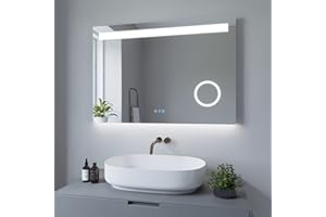 AQUABATOS Lustro łazienkowe z oświetleniem i głośnikiem Bluetooth, 100 x 70 cm, lustro ścienne LED, zimna biel, 6400 K, lustro kosmetyczne, przełącznik dotykowy, możliwość ściemniania, przełącznik ścienny,