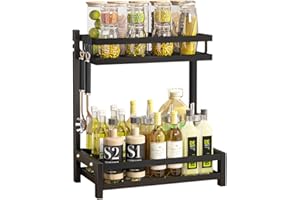 Mointal Estante para Especias, Rejilla de almacenamiento para especias de cocina de 2 niveles, Repisa Mostrador de Cocina Tarros de Condimentos Portaespecias con 4 ganchos, Negro