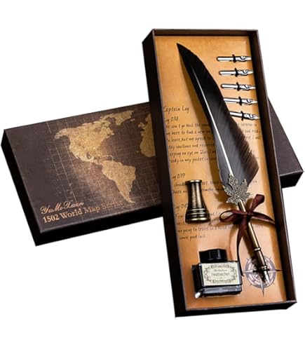 Penna Piuma Set, Penne Stilografiche, Penna Piuma,Quill Pen Kit Calamaio E Metal Pennino Feather Calligrafico Stilografica Vintage Penne Firma Regalo Esecutivo Arredamento Scrivania Biglietti D'Auguri