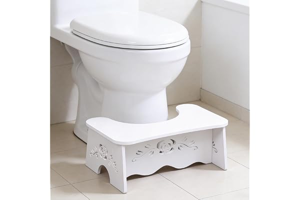 Toalettpall halkfri stegpall badrum WC pall av trä-plastplatta vit med blommönster mot hemorrojder förstoppning irriterad gasbildning, 47 x 27,5 x 17,5 cm, 60 kg lastkapacitet