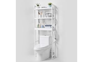 VEVOR Over the Toilet Storage, 3-Tier Adjustable Over Toilet Bathroom Organizer, Bamboo Storage Shelf Rack with 3 Hooks, Freestanding Easy Assembly Laundry Space Saver, Fit Most Toilets, White