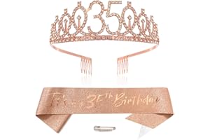 XIHUIMAY Or rose 35e anniversaire couronne et écharpe fille 35e anniversaire décoration strass anniversaire diadème princesse couronne reine tiare d'anniversaire filles 35 ans décoration fête vêtements