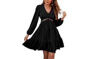 JENJON Donna Vestiti Scollo a V Elegante Manica Corta/Lunga Vita Alta Puntini Ruffles Mini Abiti