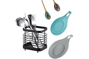 SVOCK Porta Posate per Lavello, Nero Scola Posate In Acciaio Inox e Set 2 Mestoli Cucina Silicone, Portautensili Cucina per Conservare Coltelli Forchette Cucchiai