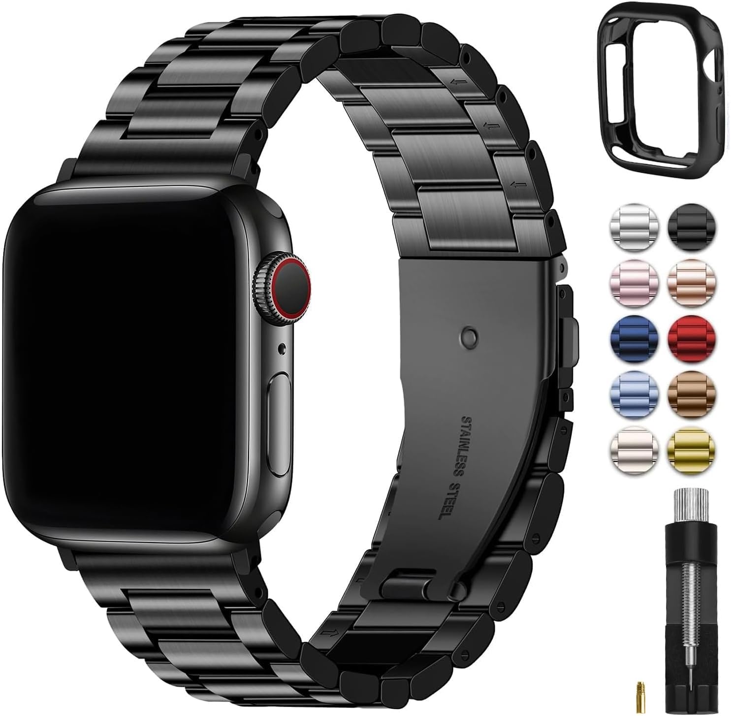 Fullmosa Compatible with Apple Watch Straps 44mm 46mm 45mm 49mm 42mm 41mm 40mm 38mm, Metal Stainless Steel Replacement Bands for iWatch Ultra SE 3 2 1 Series 11 10 9 8 7 6 5 4, Black & Protective Case