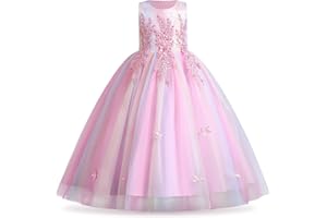 IWEMEK IWEMKE Enfants Filles Robe Mariage Tulle Dentelle Robe Princesse Longue Fleur Brodée Soirée Demoiselle d'honneur Robe Tutu sans Manches pour Pageant Baptême Fête Anniversaire Carnaval 3-12 Ans