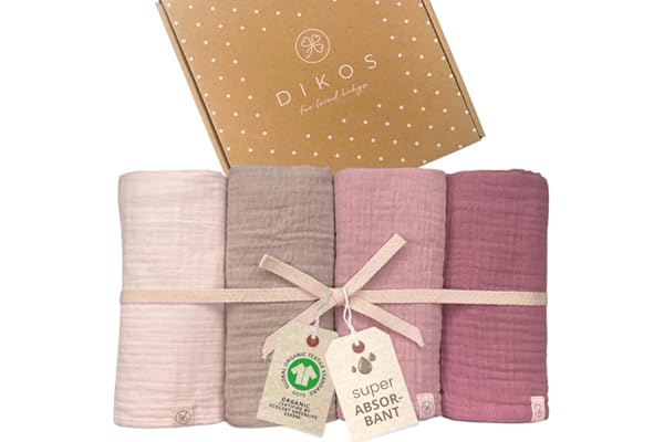DIKOS® Premium Langes Bébé Crème | 100% Coton Biologique Certifié GOTS | 64x64cm Set de 4 Pièces | Lange Mousseline Crêpe Bebe Doux Garçon et Fille | Cadeau de Naissance Nouveau Né (Baies crème)